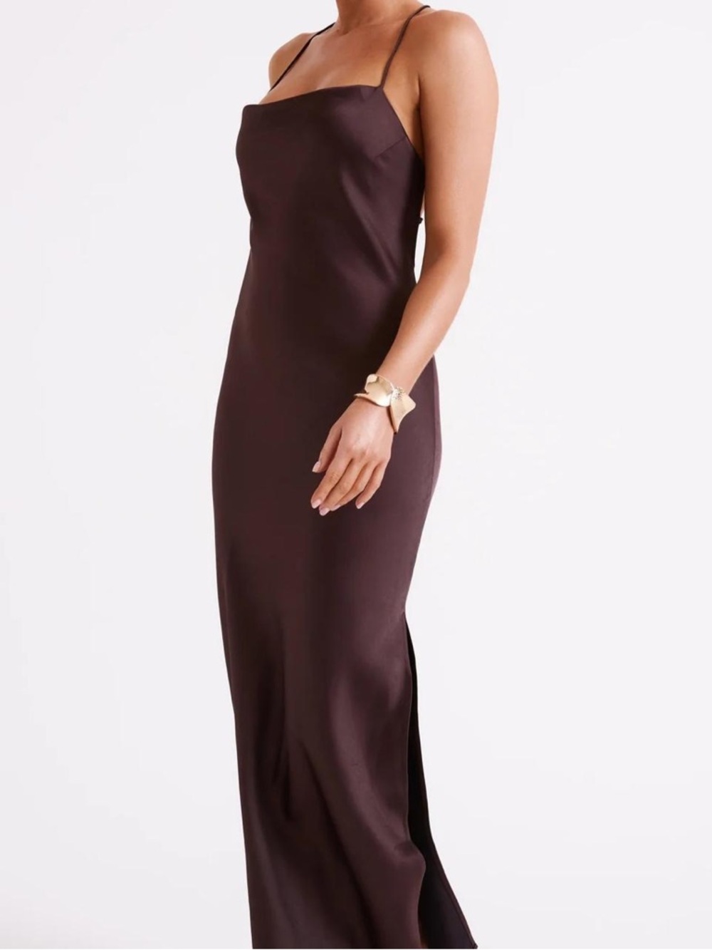 Meshki Chocolate Brown Satin Slip Maxi Dress - Picture 4 of 5